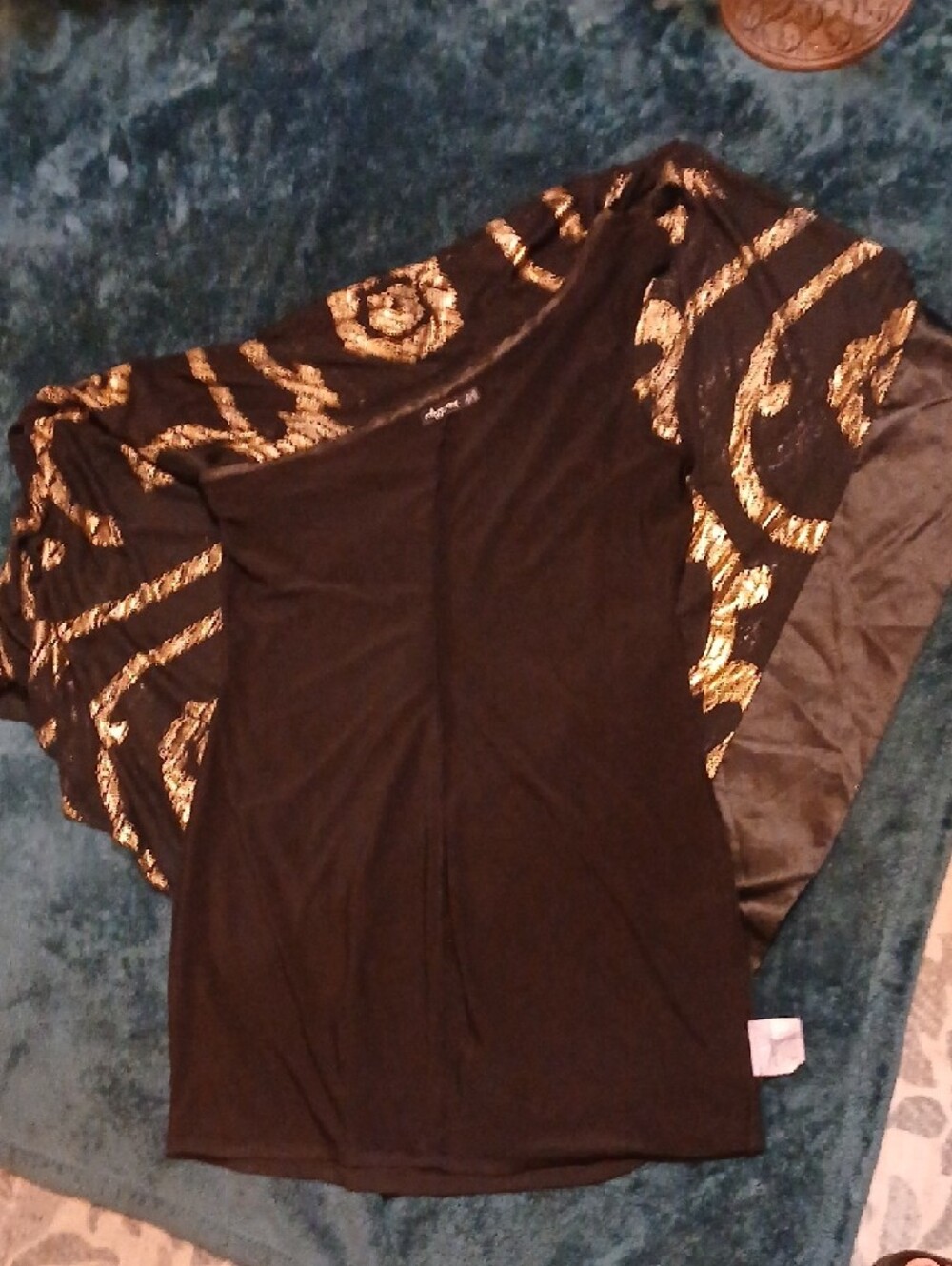 EUC Black and Gold Metallic Patterned One Sleeve Top